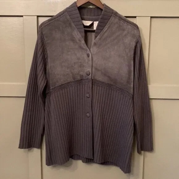 J. Jill Leather & Wool Blend Knit Button Down Cardigan Sweater Jacket Gray MP - Picture 1 of 10